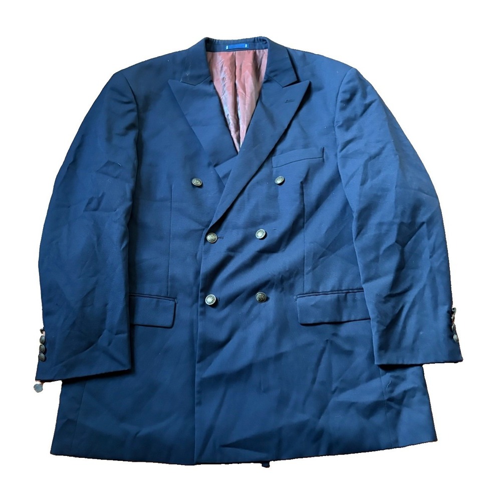 Paul Fredrick Blazer 46R Navy Blue Sport Coat Double Breasted 100% Wool Jacket